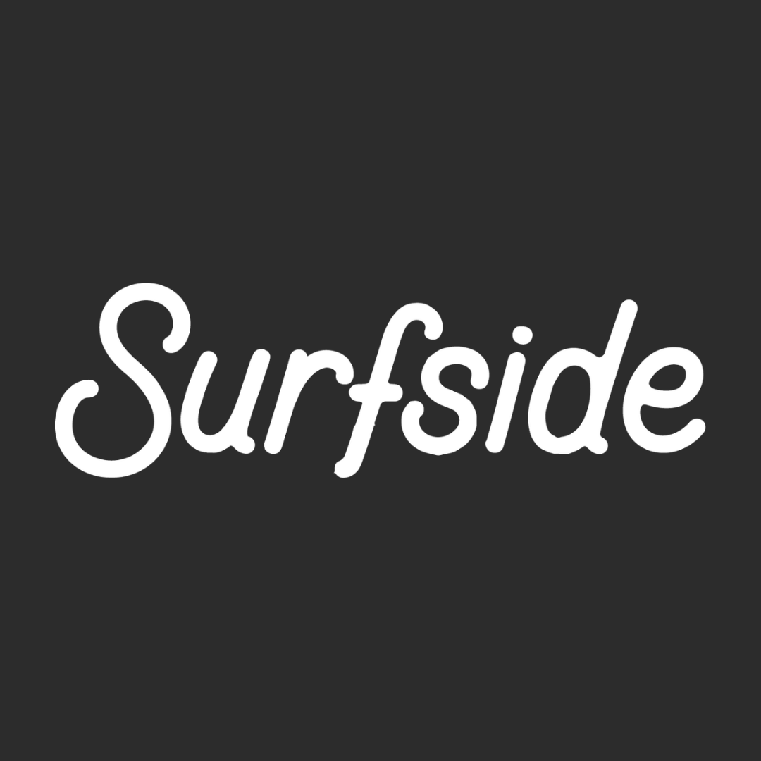 White “Surfside” script logo on a dark gray background