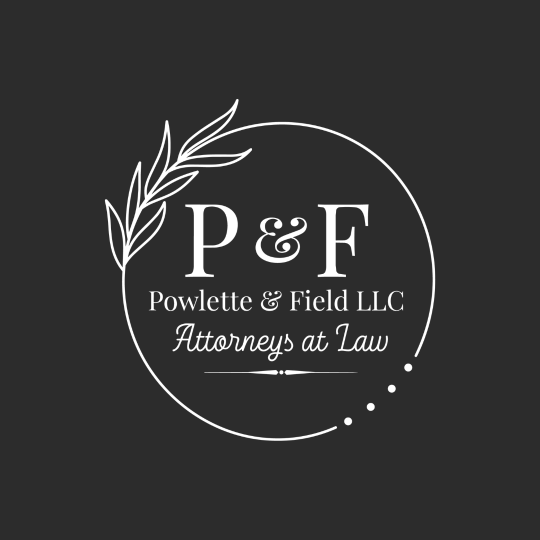 Black logo for Powellte & Field LLC, Attorneys at Law, with P&F monogram and floral circle.