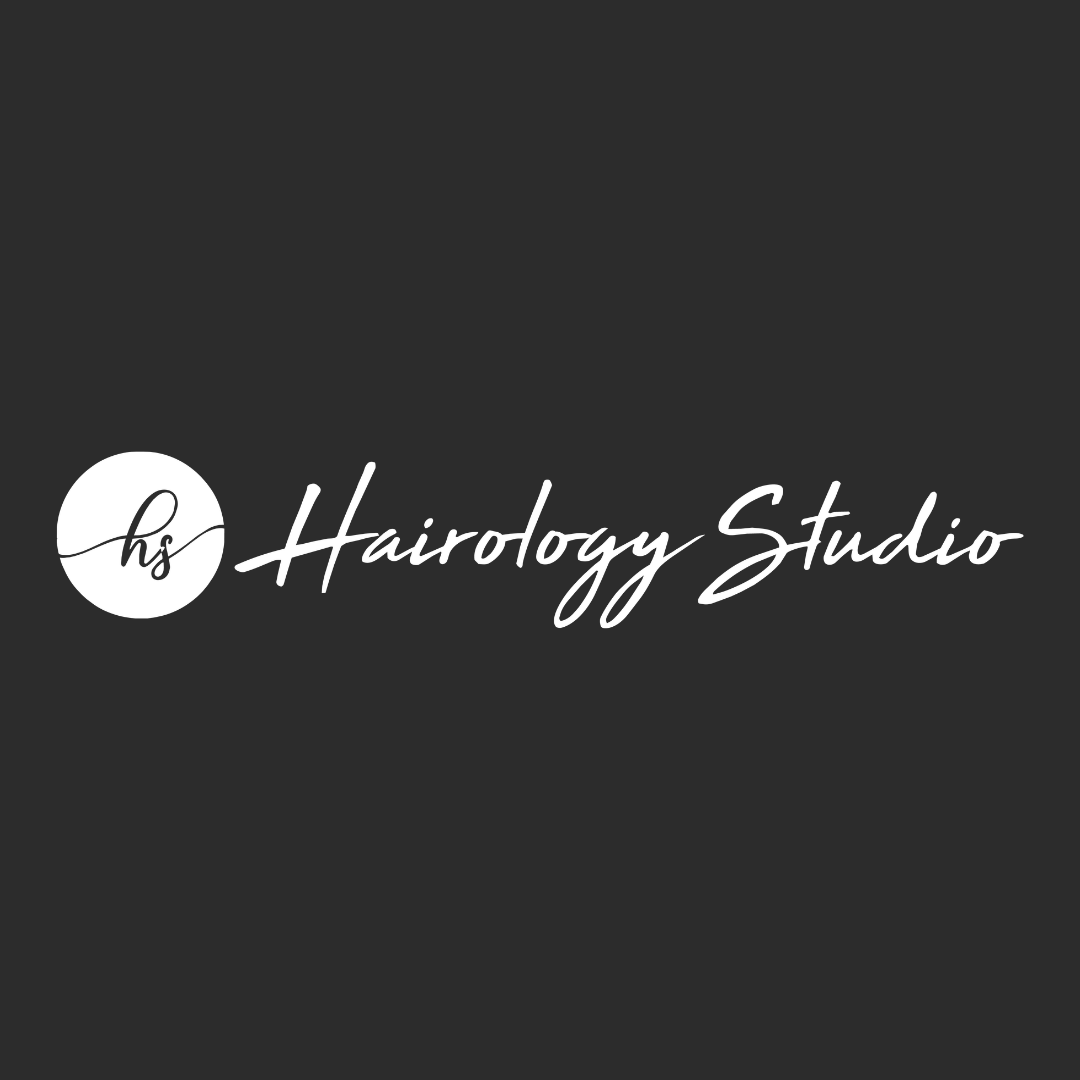 Hairology Studio logo in white script on a dark gray background with a circular “hs” emblem