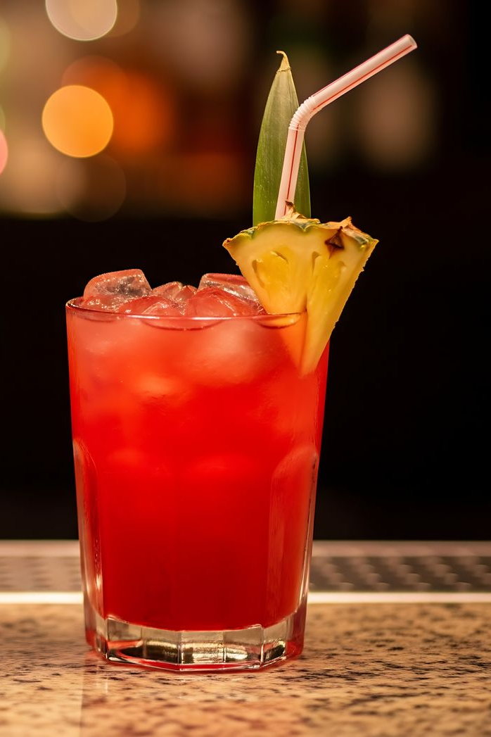 Red tropical cocktail with ice, pineapple garnish, and a striped straw on a bar counter