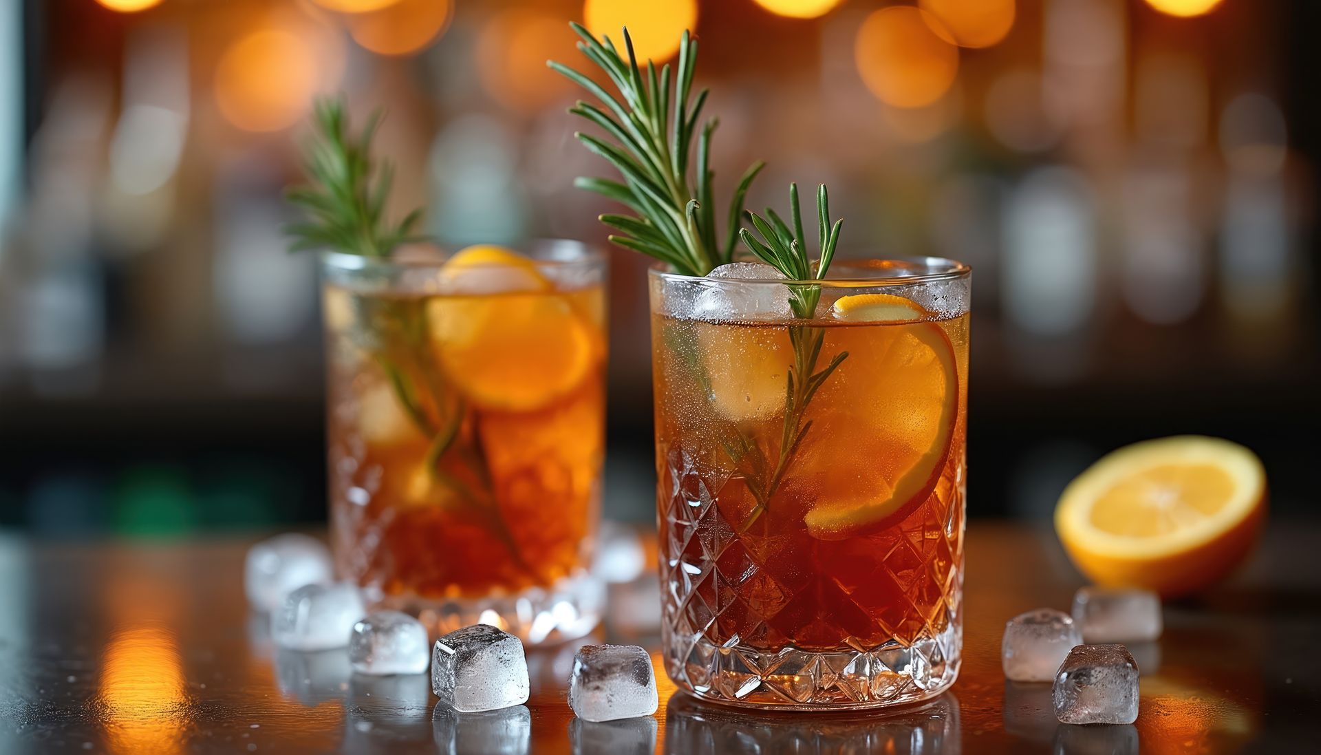Two amber cocktails with rosemary sprigs and ice on a reflective bar, with blurred bottles and a lemon half behind them
