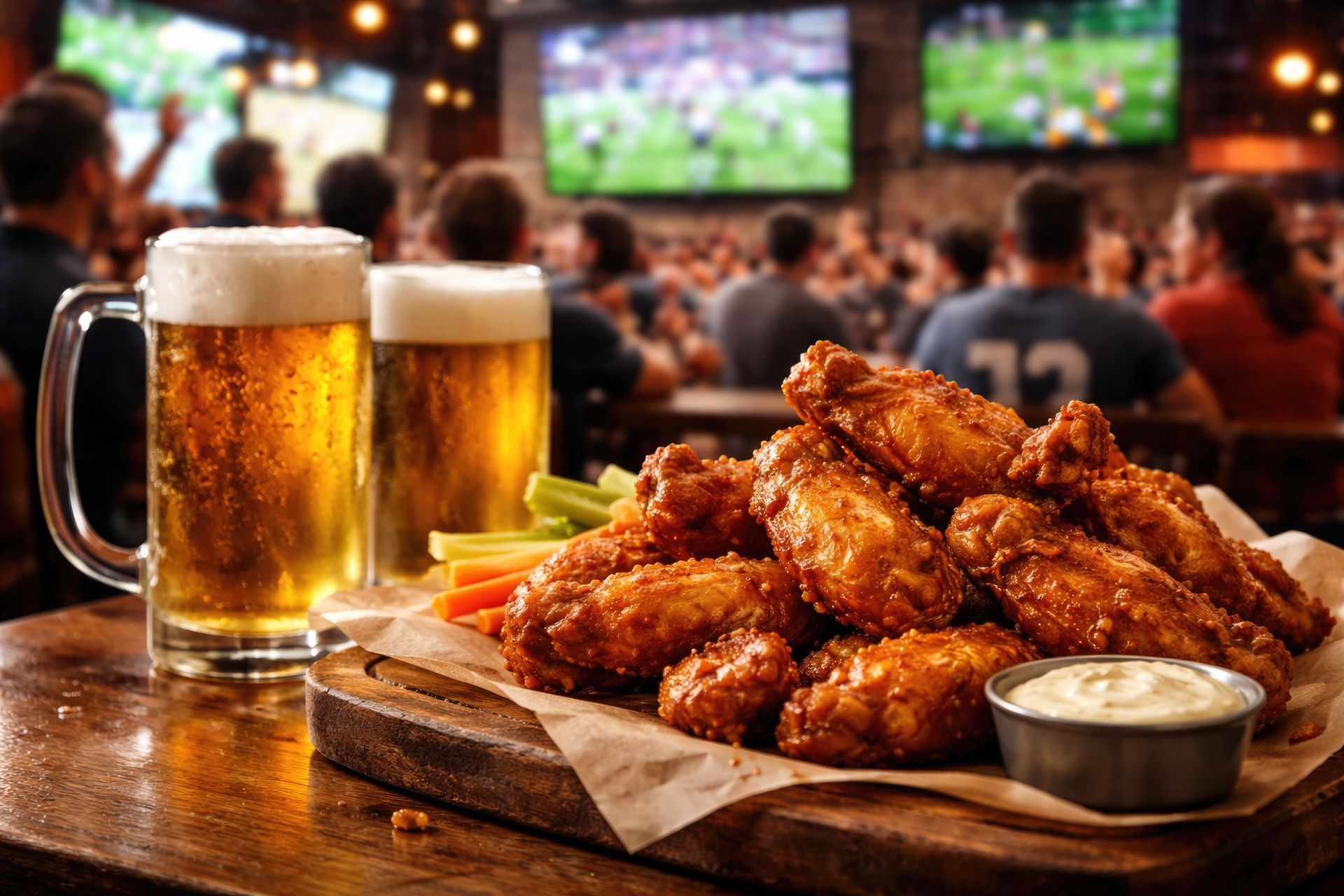 Wings and two frothy beers on a bar table, with a blurred sports crowd and TVs in the background