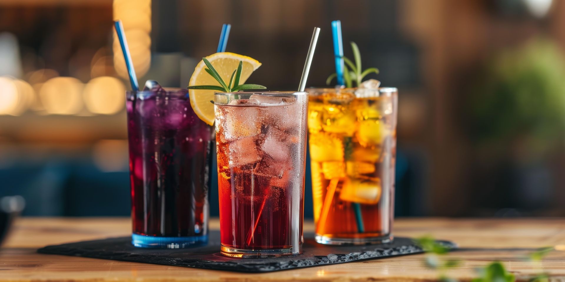 Colorful cocktails on a table at an outdoor bar with warm string lights in the background