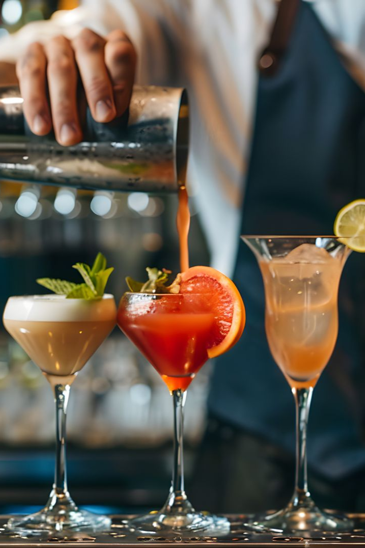 Bartender pouring a red cocktail beside two garnished drinks on a bar counter.