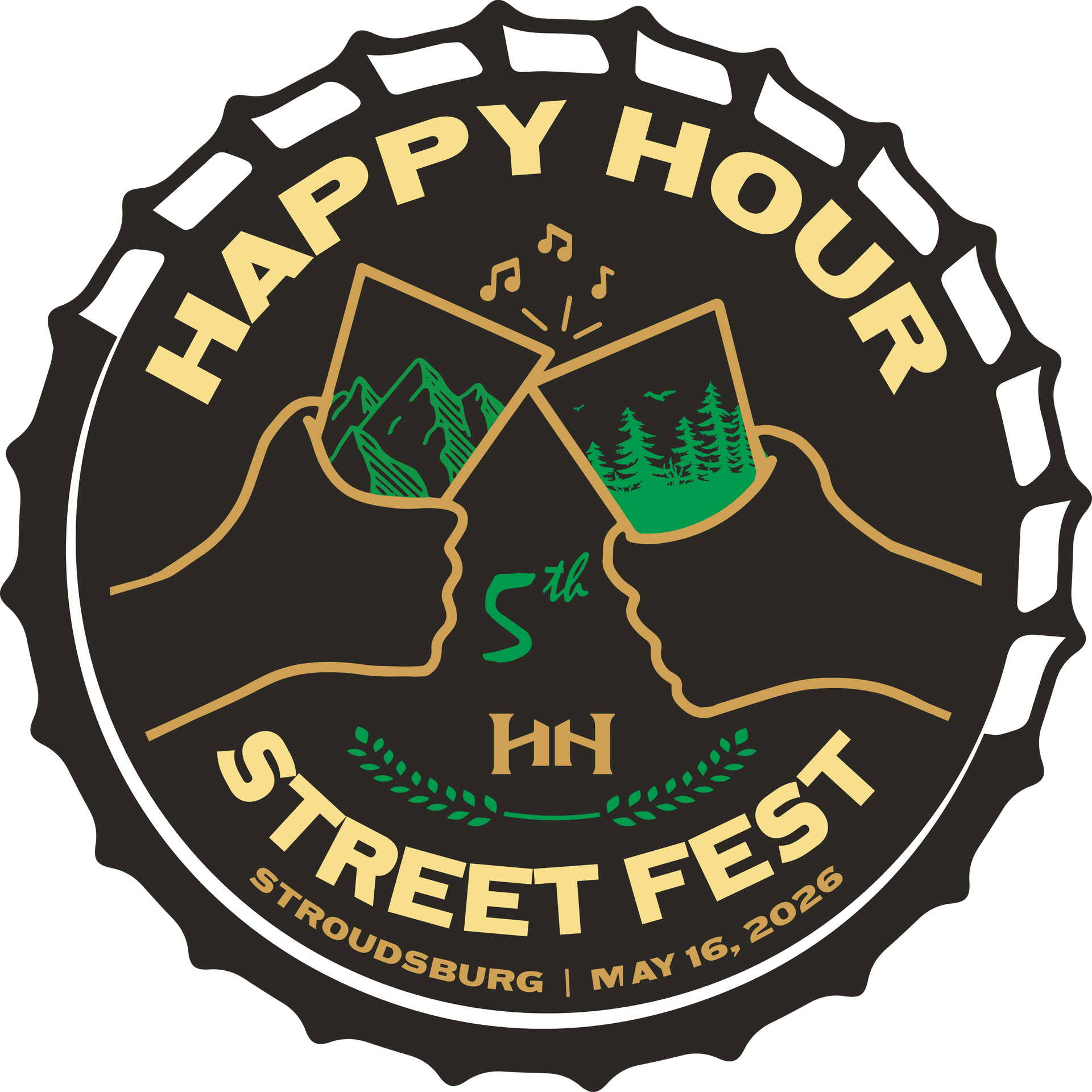 Happy Hour Street Fest logo with clinking hands, mountains, music notes, and Strousburg, May 18, 2026