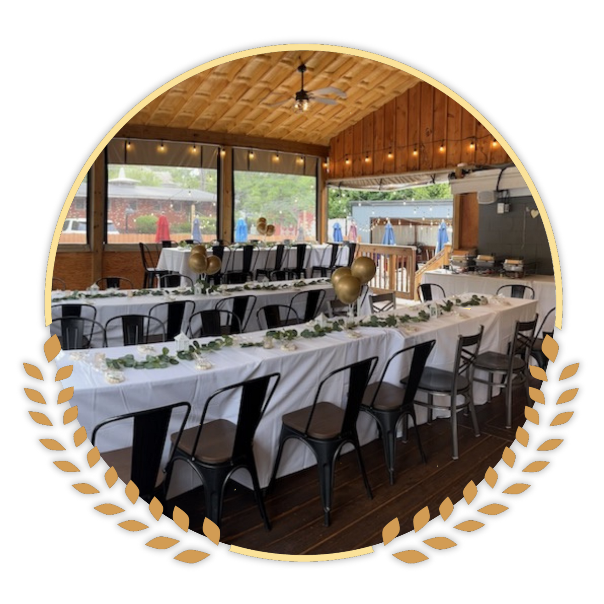 A large room with tables and chairs set up for a wedding reception at Happy Hour Bar & Grill