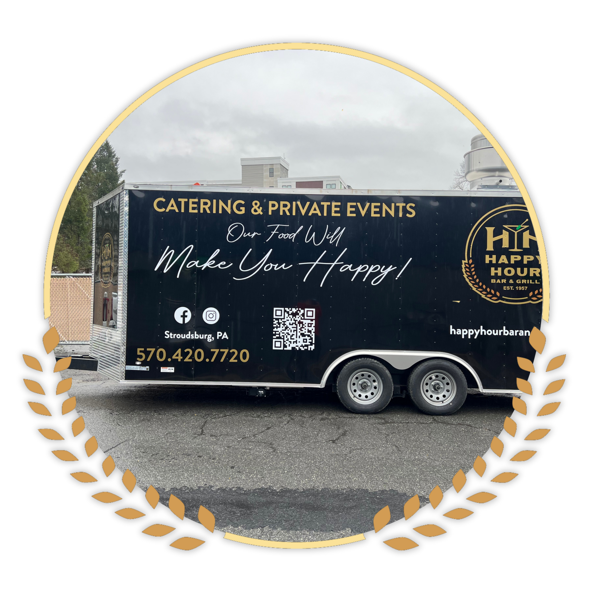 Happy Hour Bar & Grill catering and private events trailer is parked in a parking lot
