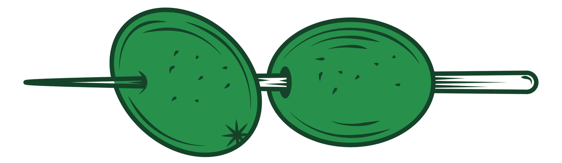 A cartoon drawing of two green olives with a toothpick