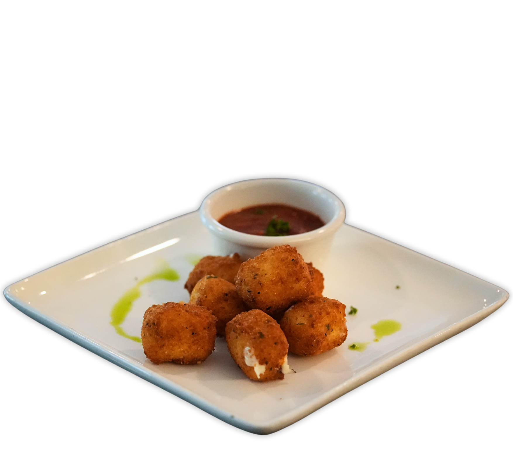A bowl of soup with bread and a spoon on a plate from Happy Hour Bar & Grill