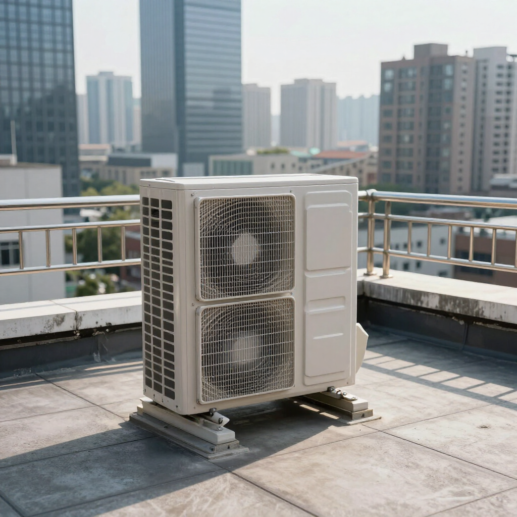 A white industrial air conditioning unit mounted on a gray tiled rooftop, set against a background of city buildings.