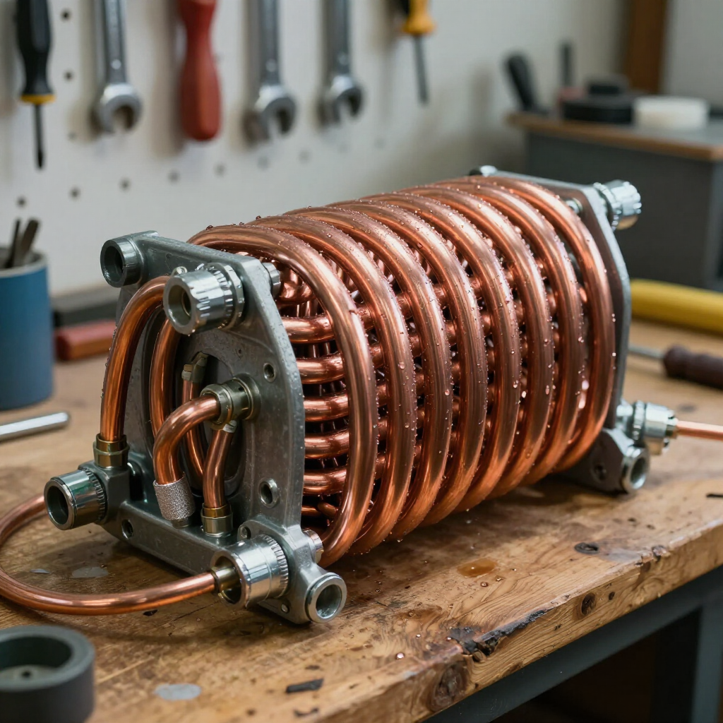 A coiled copper tube heat exchanger sits on a workbench with various tools in the background.