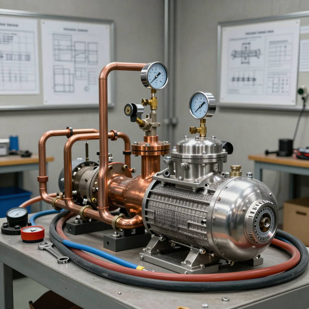 A scientific pump apparatus with copper and silver-colored metal components rests on a workbench in a laboratory setting.