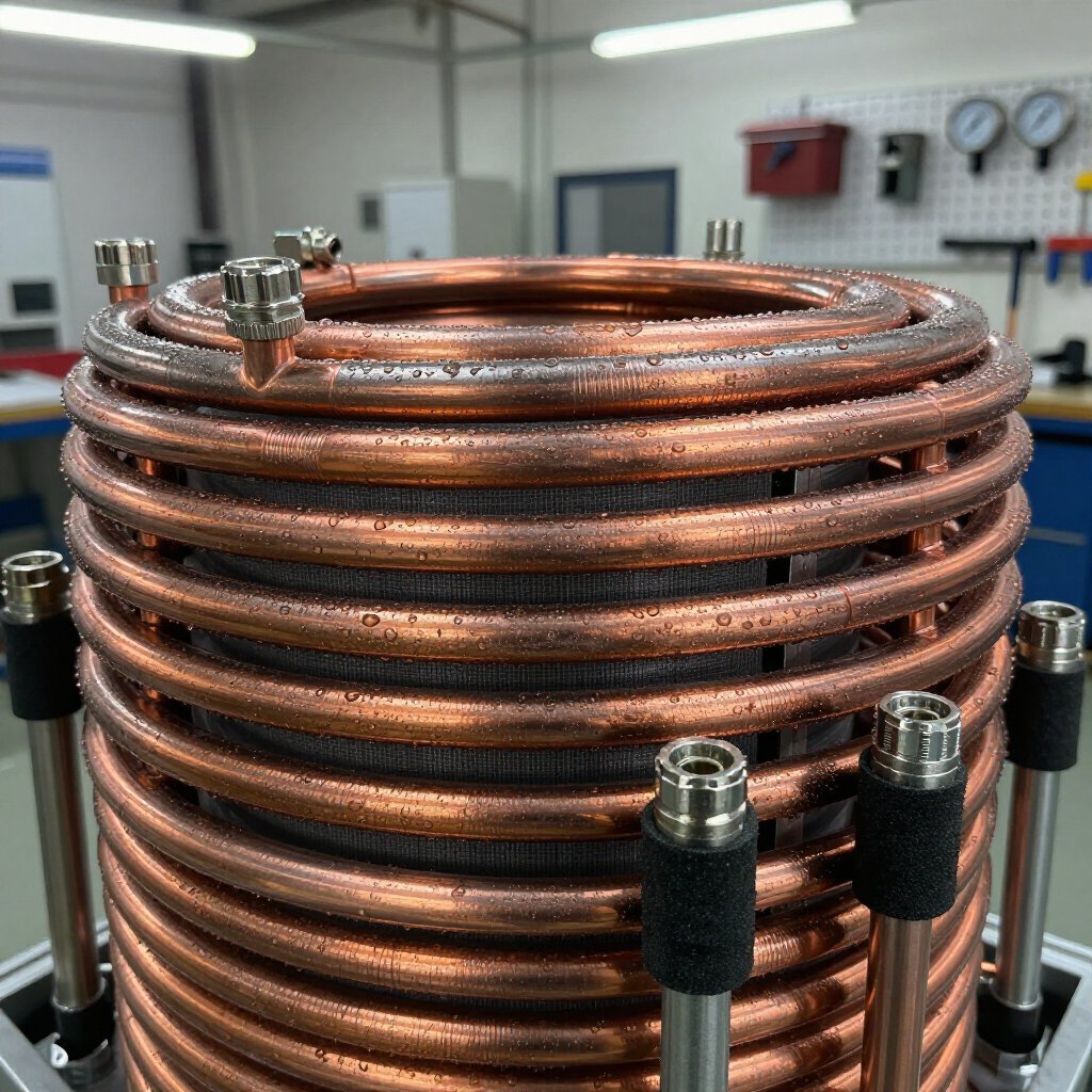A copper cooling coil with metallic fittings in a workshop, set against a background of tools and gauges.