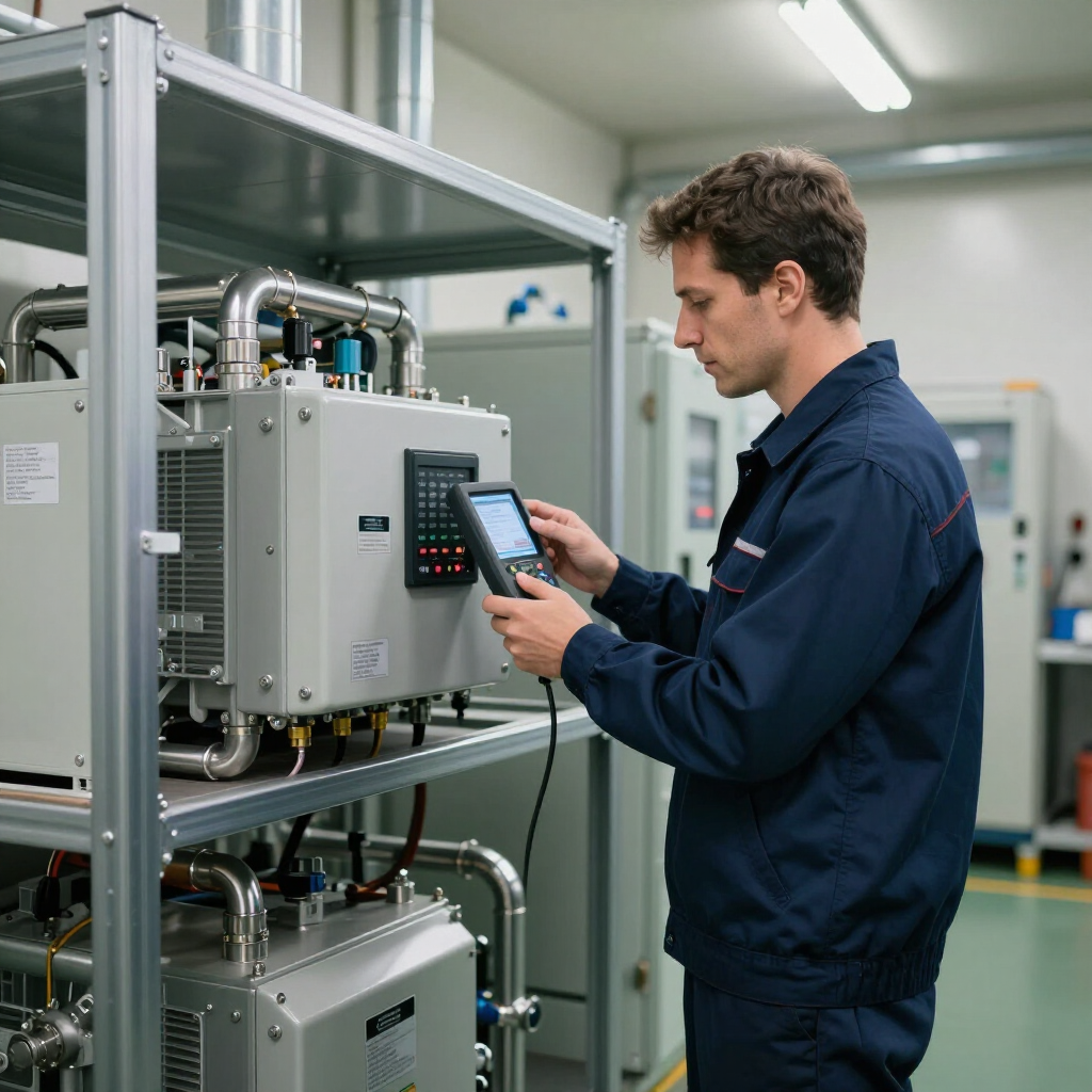 A technician in dark blue coveralls uses a handheld diagnostic device to inspect industrial machinery in a lab.