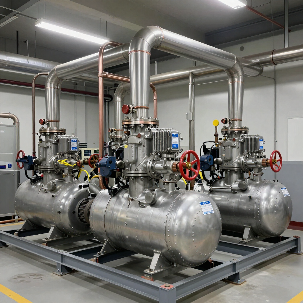 Three large, silver industrial chiller units with metallic piping and red manual valves on a metal frame in a facility.