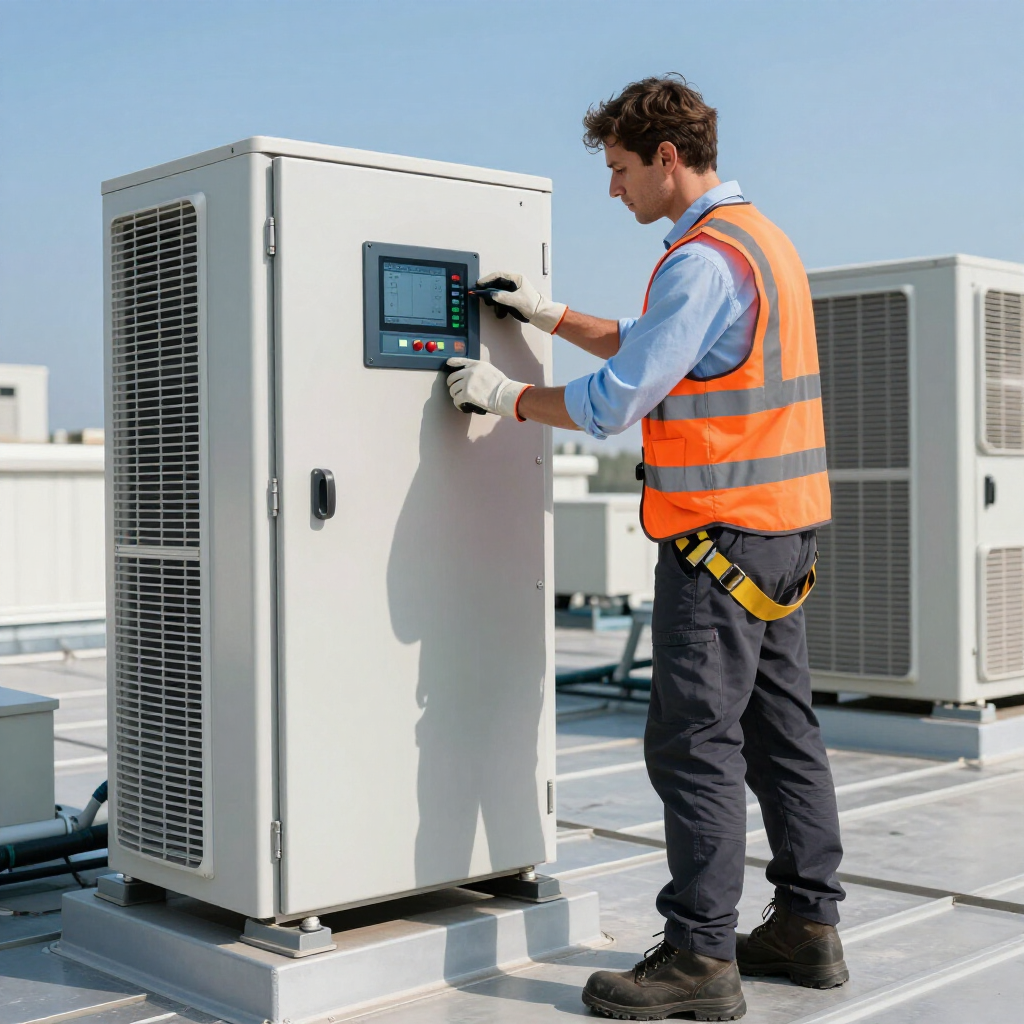 A technician in a safety vest and harness adjusts settings on a commercial HVAC unit on a rooftop.