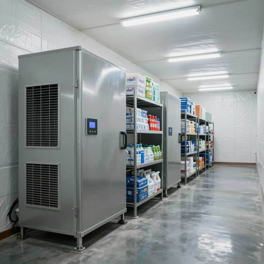A brightly lit storage room features tall, metallic industrial cabinets and wire shelving units stocked with supplies.