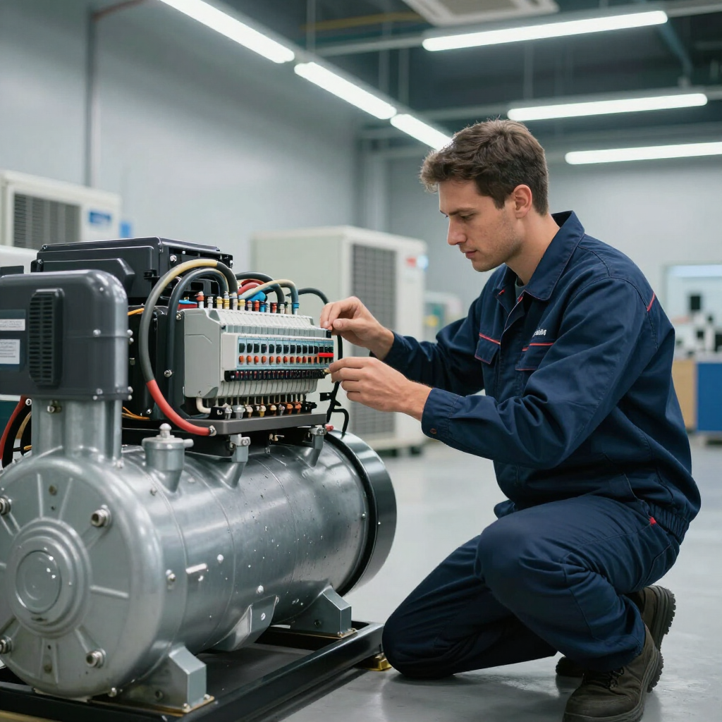 A technician in blue workwear kneels while inspecting the wiring and electrical components of industrial equipment.