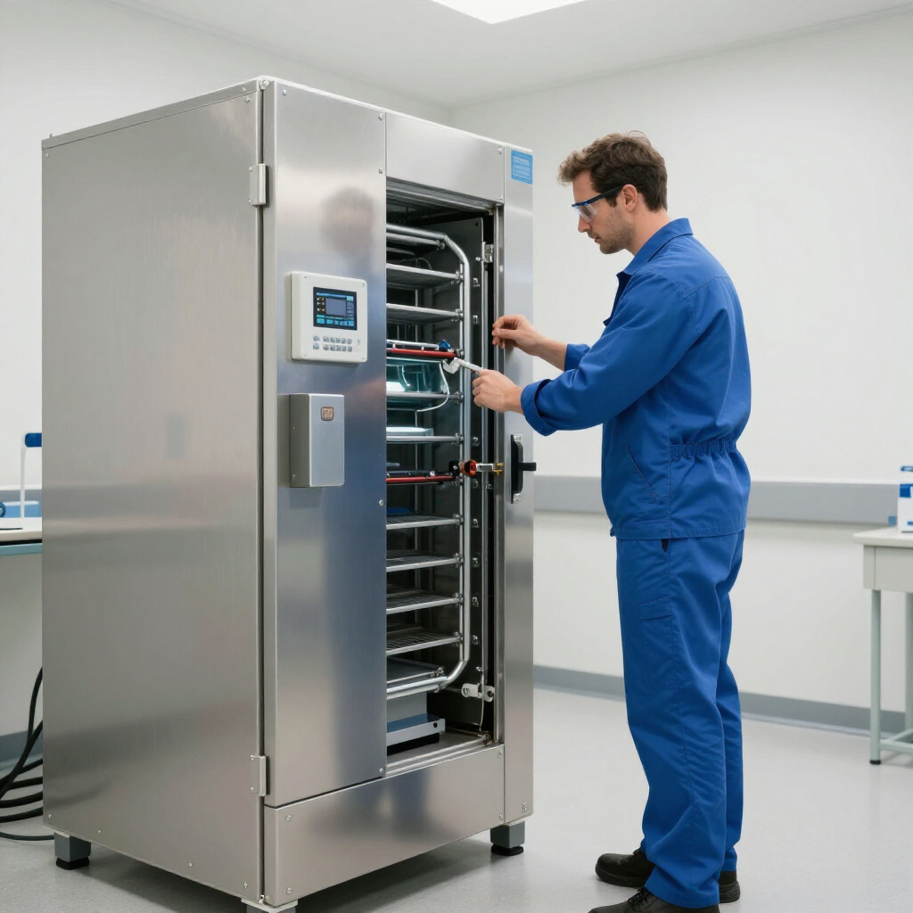 A person in blue scrubs adjusts a metal tray inside a large, stainless steel laboratory incubator.