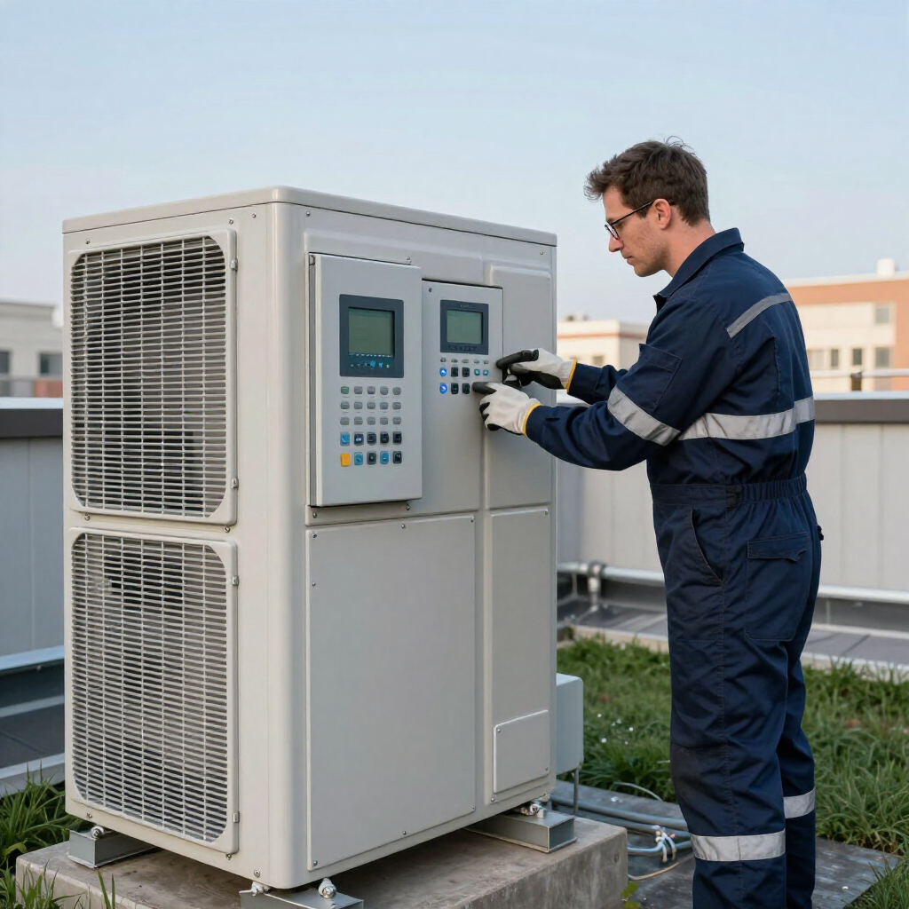 A technician in a blue uniform interacts with the control panel of a large, industrial HVAC unit on a rooftop.