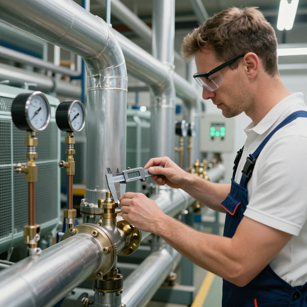 A technician in a white shirt and blue overalls uses digital calipers to measure a pipe fitting in an industrial setting.