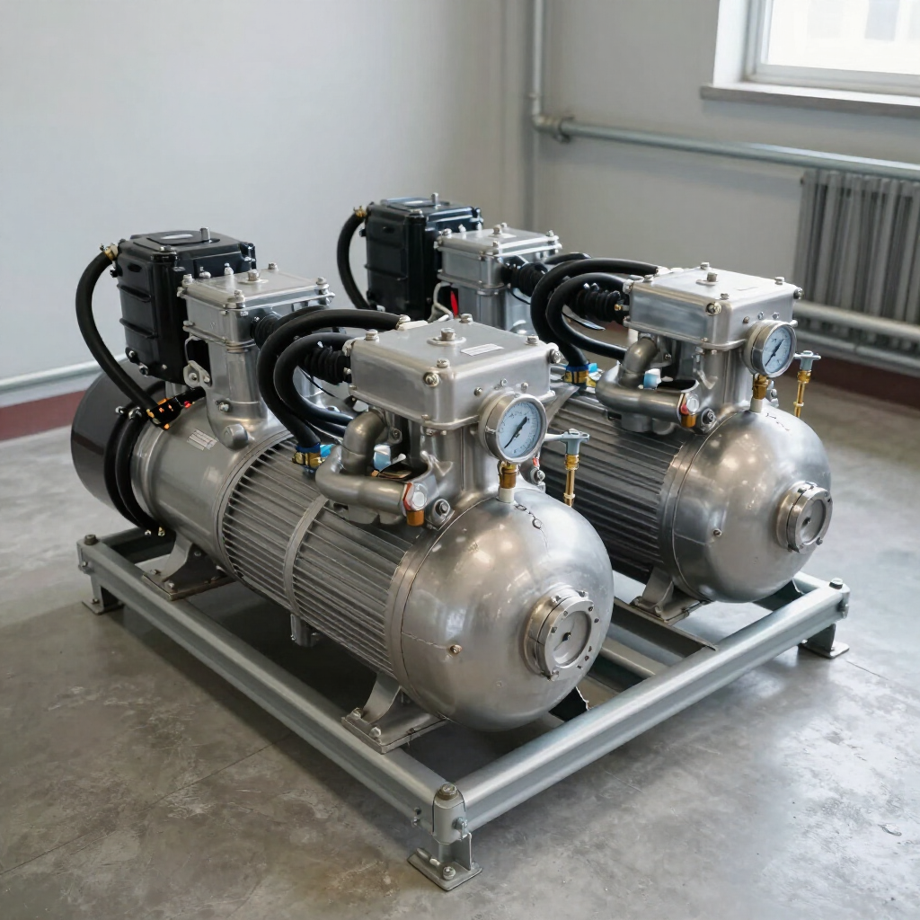 Two industrial air compressor units mounted on a metal frame, sitting on a concrete floor in an indoor space.