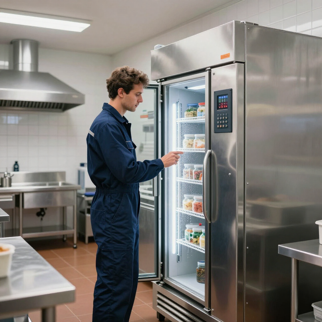 A person in blue work coveralls adjusts the settings on a tall, stainless-steel commercial refrigerator in a kitchen.