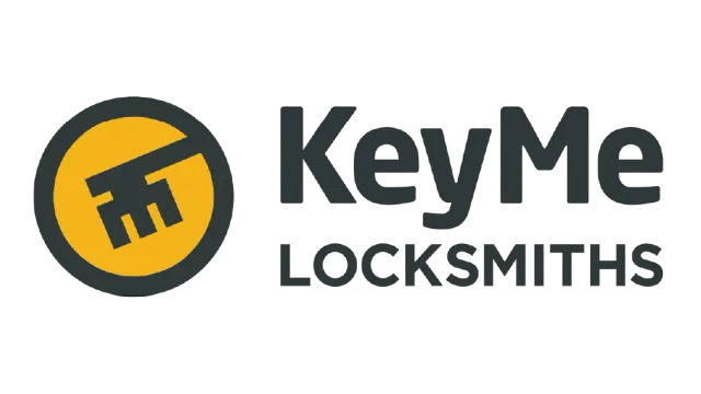 The logo for keyme locksmiths has a key in a circle.