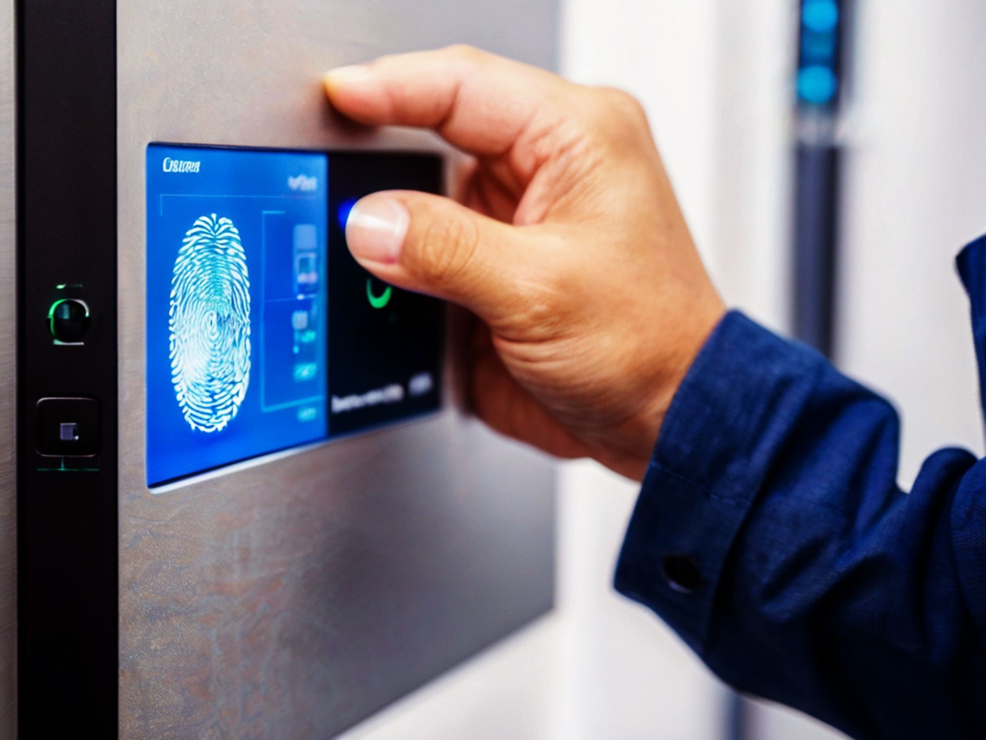 A person is touching a screen with a fingerprint on it.