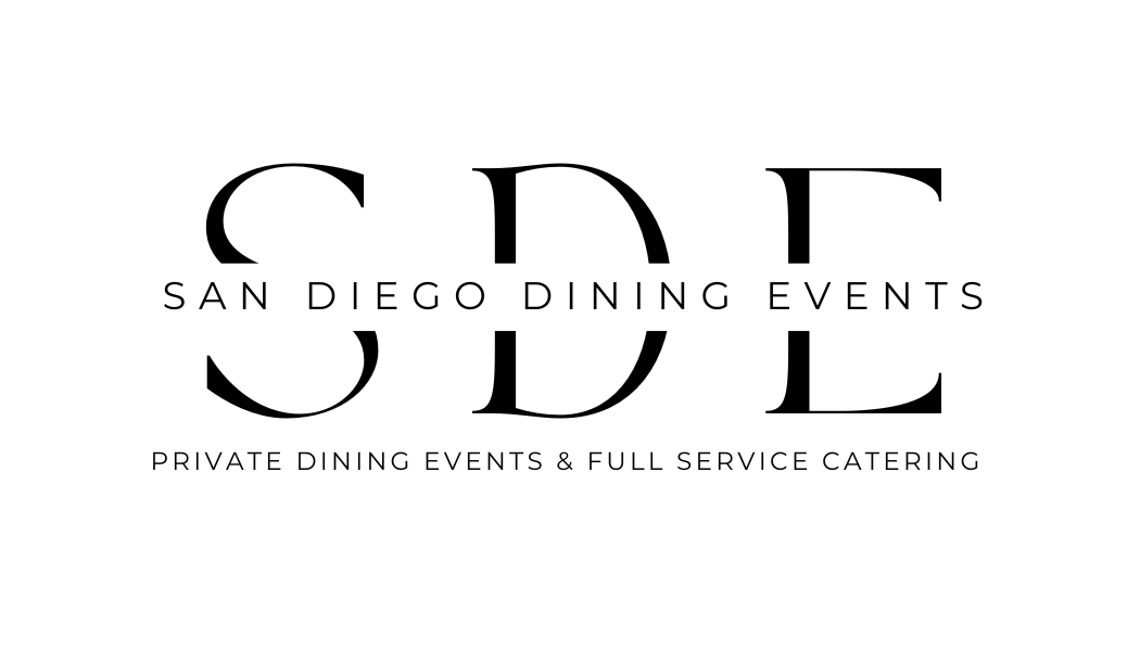 The logo for san diego dining events is black and white.