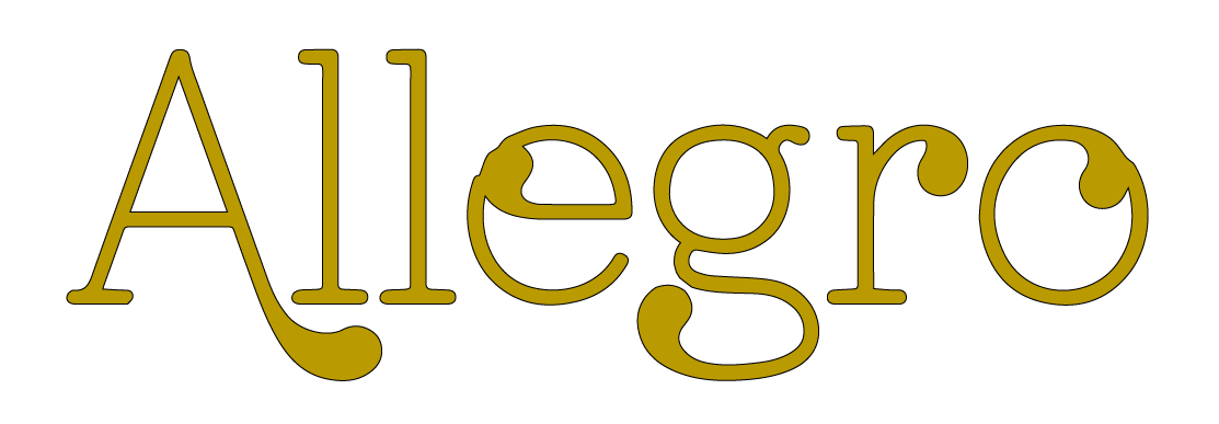 The word allegro is written in gold on a white background