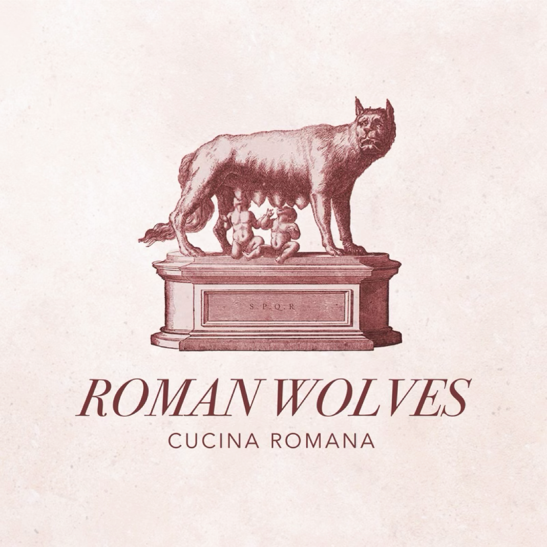 A logo for roman wolves cucina romana with a statue of a wolf
