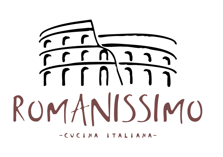 A logo for romanissimo cucina italiana with a picture of the colosseum