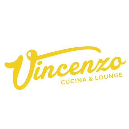 A yellow logo for a restaurant called vincenzo cucina & lounge