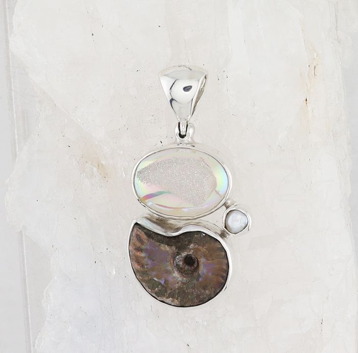 SB P-0208 MLT  (Quartz Drusy, Ammonite Fossil, and Freshwater Pearl)