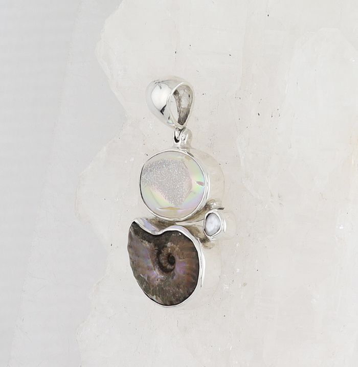 SB P-0208 MLT  (Quartz Drusy, Ammonite Fossil, and Freshwater Pearl)