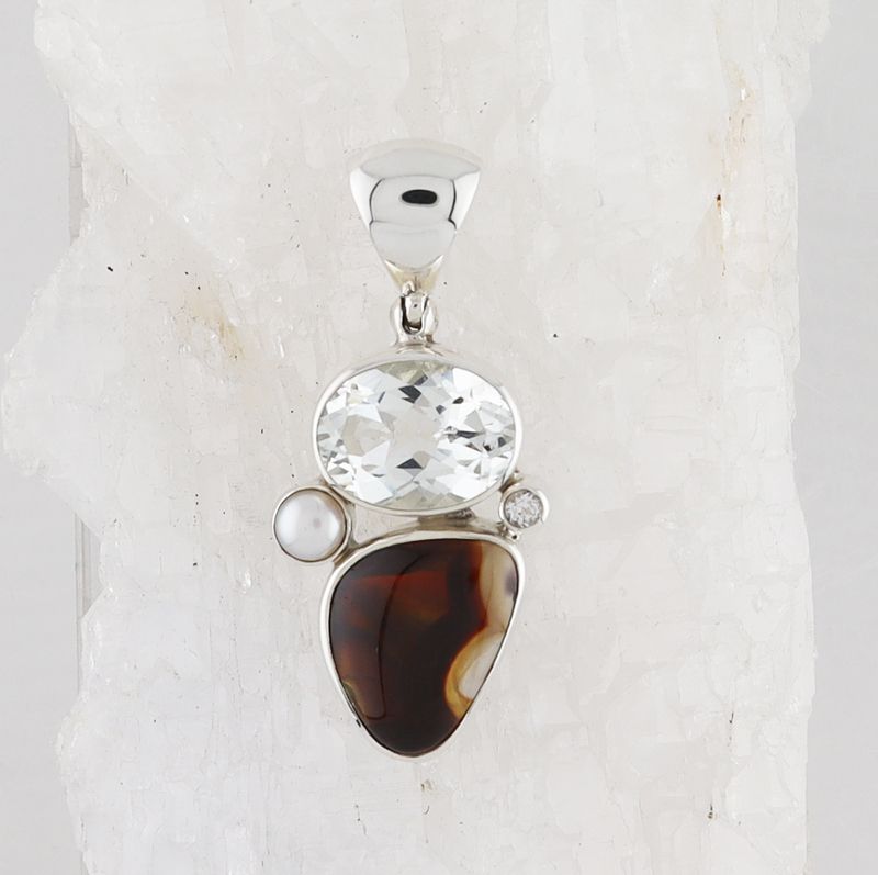 SB P-0214 MLT  (Fire Agate, Champagne Topaz, White Topaz, and Freshwater Pearl)
