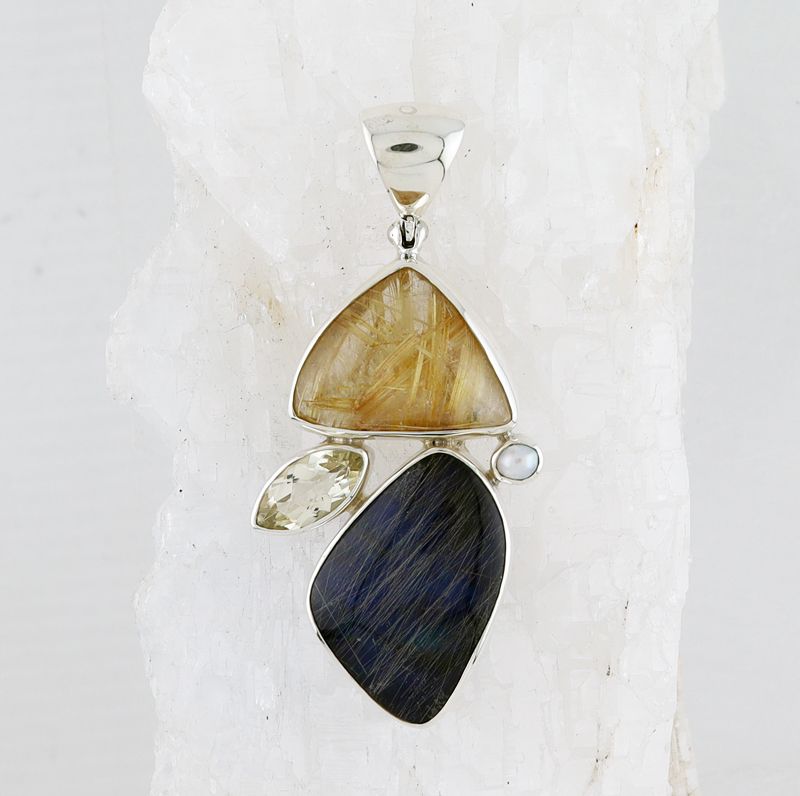 SB P-0638 MLT  (Rutilated Quartz, Rutilated Quartz and Lapis Doublet, White Topaz, and Pearl)