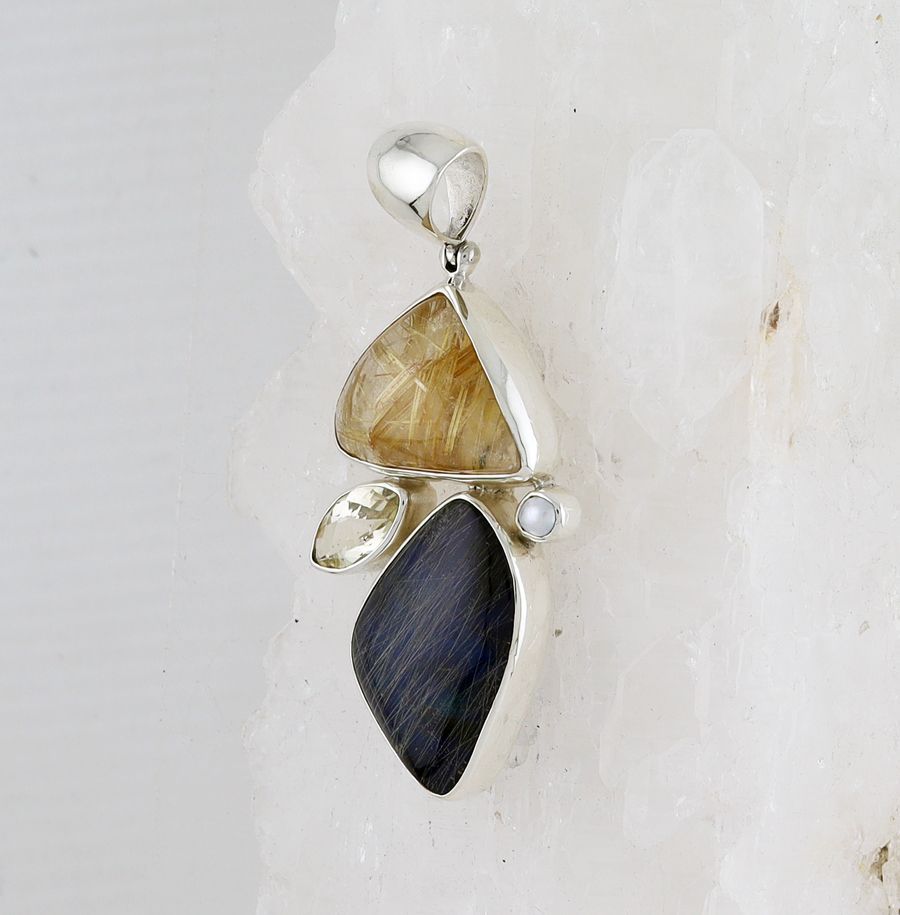SB P-0638 MLT  (Rutilated Quartz, Rutilated Quartz and Lapis Doublet, White Topaz, and Pearl)
