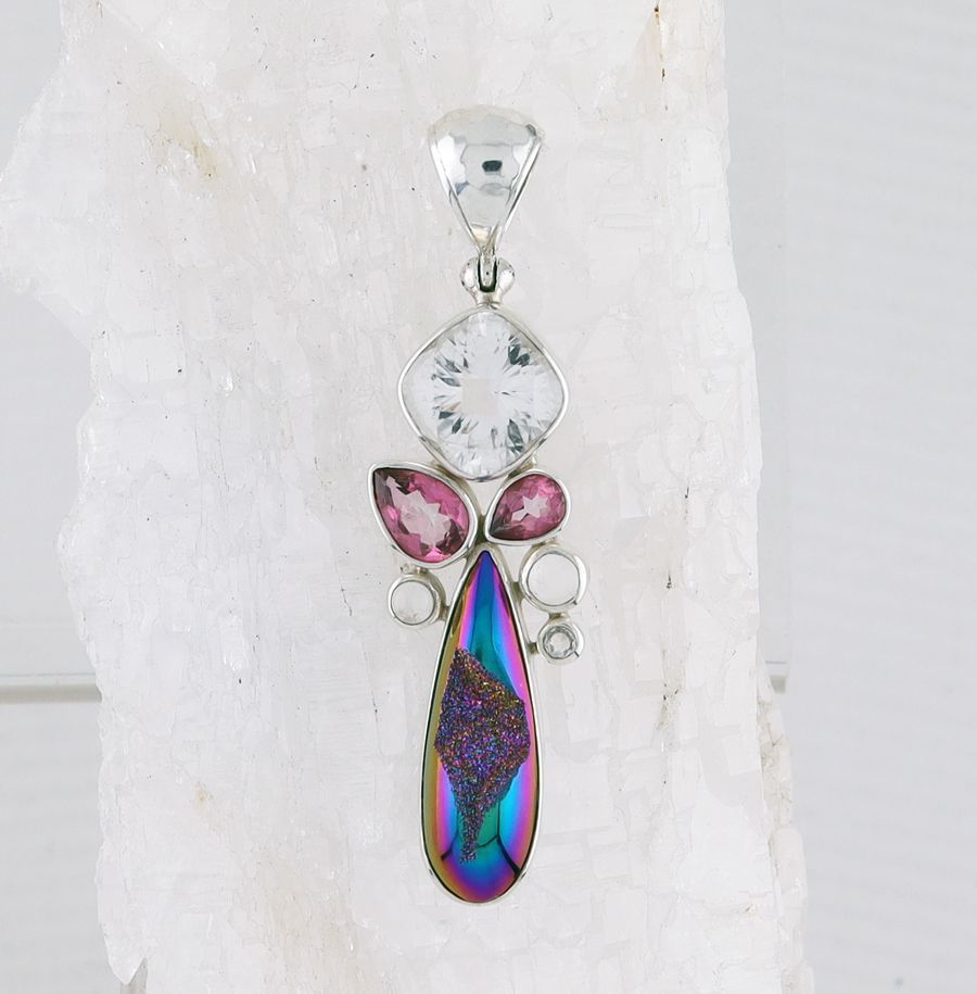 SB P-0740 MLT  (Quartz Druzy, Pink Topaz, White Topaz, and Faceted Quartz)