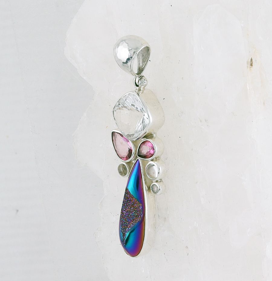 SB P-0740 MLT  (Quartz Druzy, Pink Topaz, White Topaz, and Faceted Quartz)