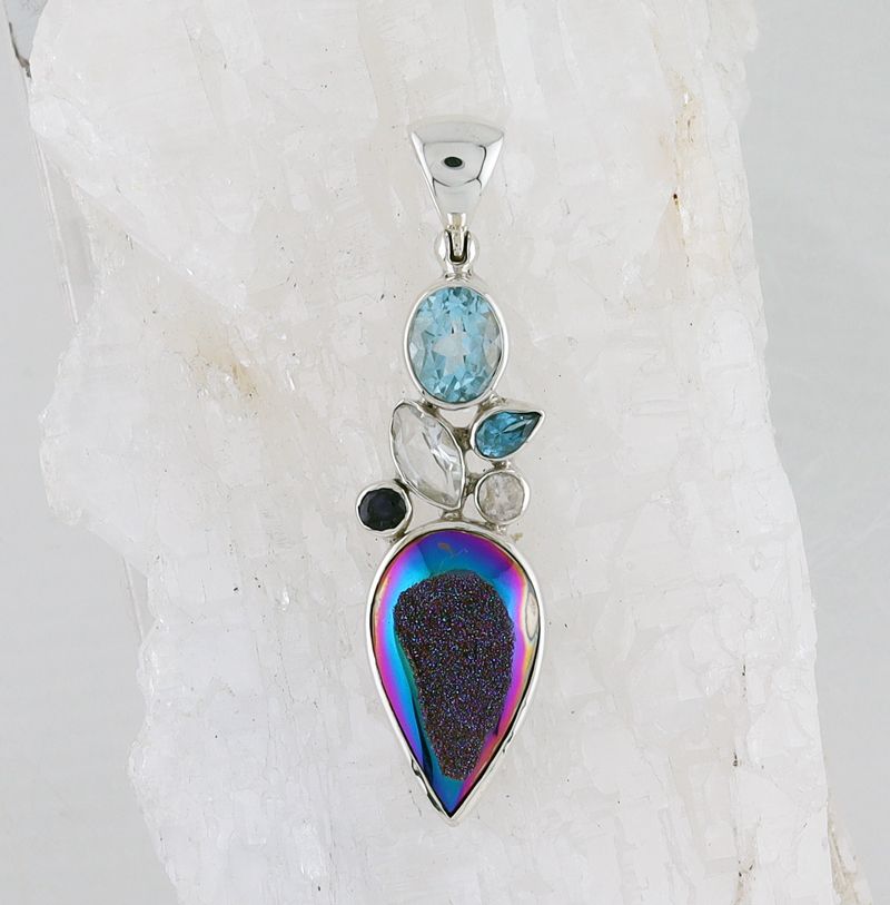 SB P-0742 A MLT (Quartz Druzy, White Topaz, Blue Topaz, and Iolite)