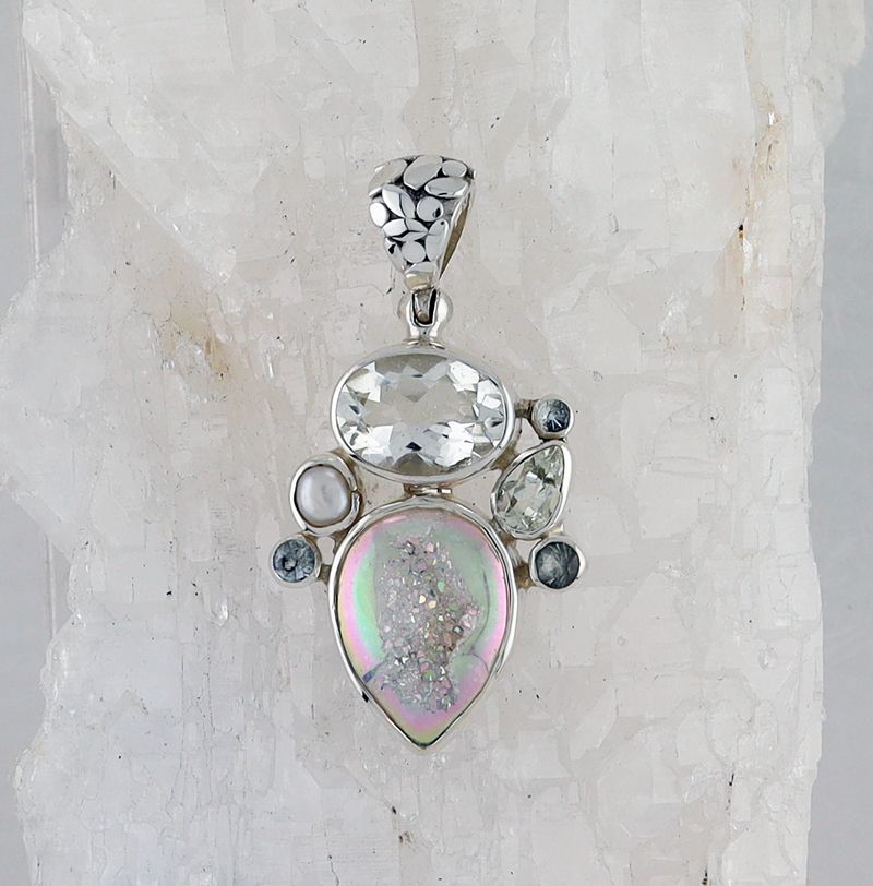 SB P-0757 MLT (Quartz Druzy, Aquamarine, Pearl, and White Topaz)