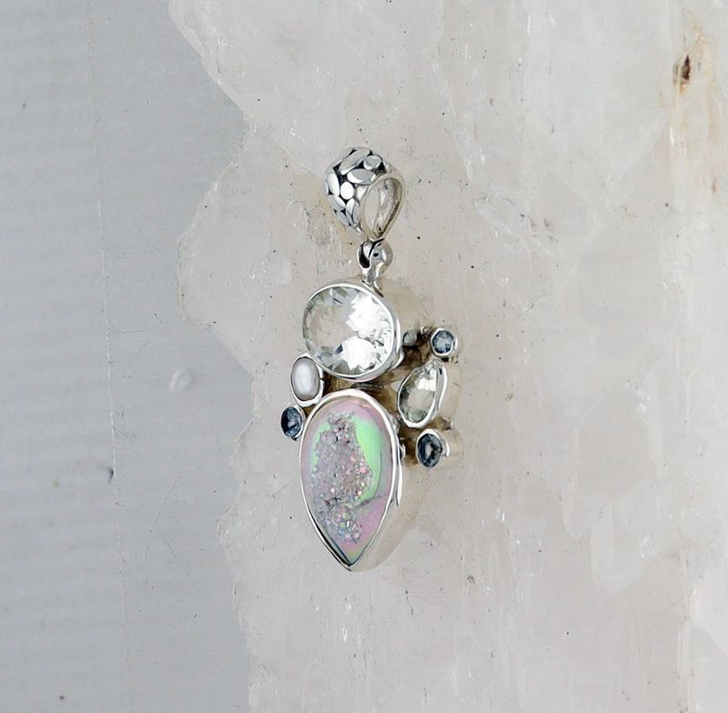 SB P-0757 MLT (Quartz Druzy, Aquamarine, Pearl, and White Topaz)