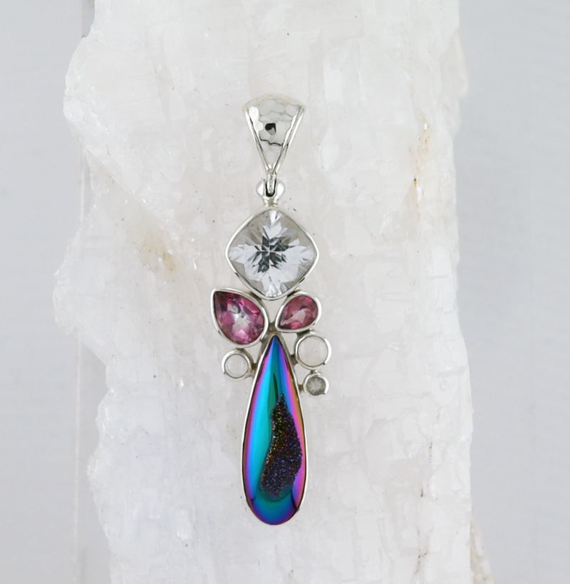 SB P-0799 MLT  (Quartz Druzy, Faceted Quartz, White Topaz, and Pink Topaz)