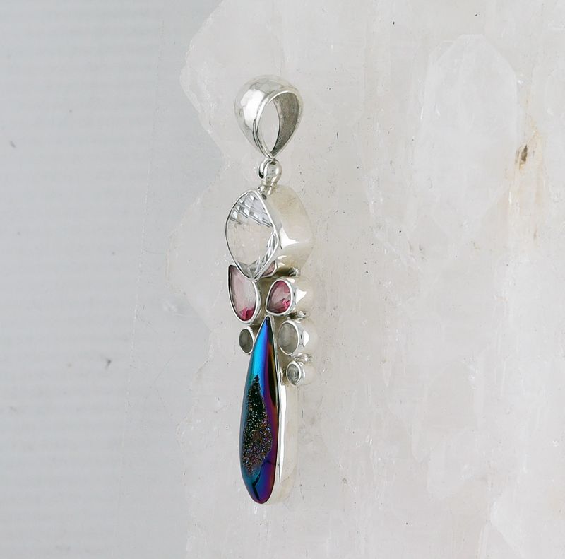 SB P-0799 MLT  (Quartz Druzy, Faceted Quartz, White Topaz, and Pink Topaz)