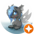 A cartoon pony with blue hair and wings is sitting in a circle with an orange star.
