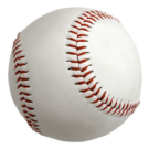 A white baseball with red stitching on a white background.