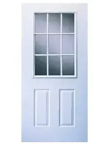 A white door with a glass window on a white background.