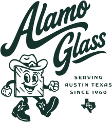 A black and white logo for alamo glass with a building in the middle.